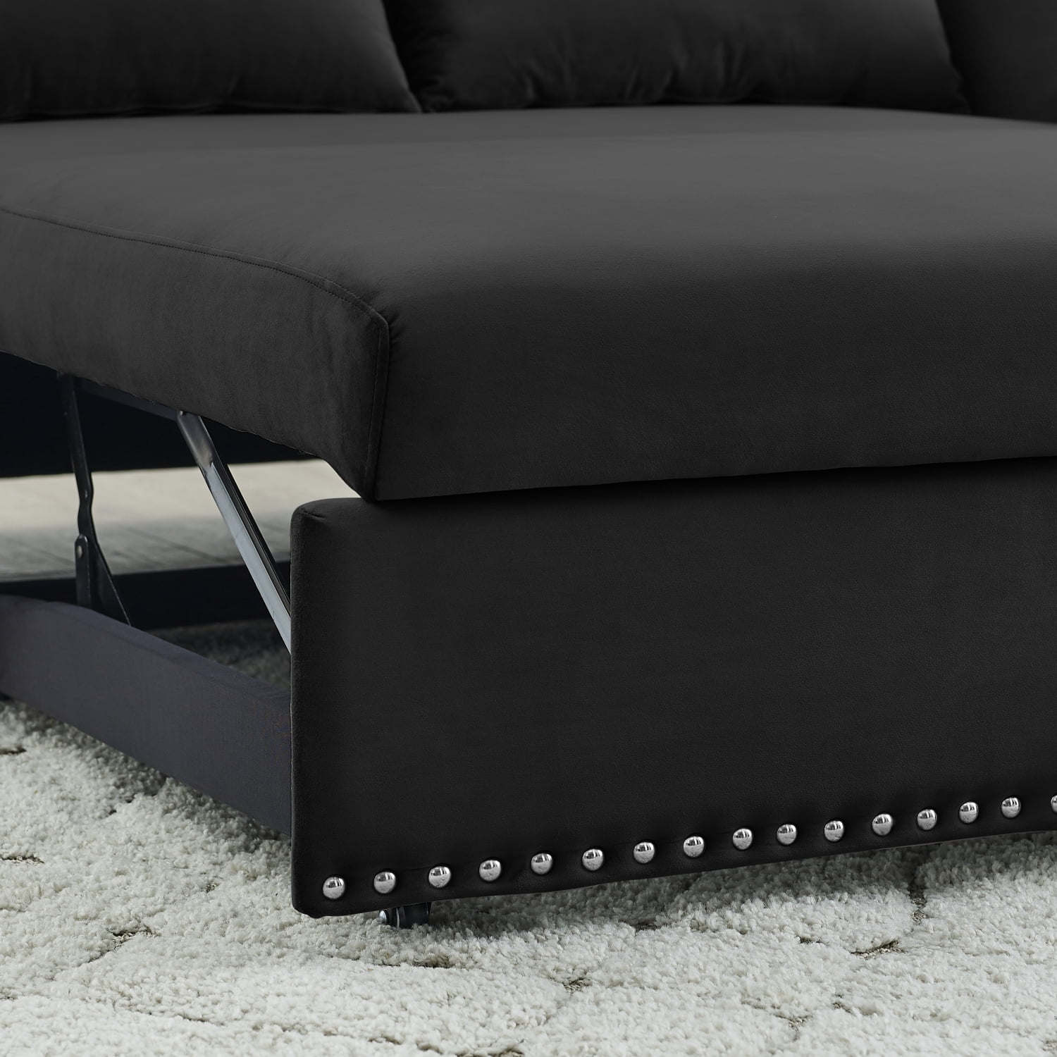 Holaki Pull-out Sofa Sleeper, 3-in-1 Adjustable Sleeper with Pull-out Bed, 2 Lumbar Pillows and Side Pocket, Soft Velvet Convertible Sleeper Sofa Bed, Black