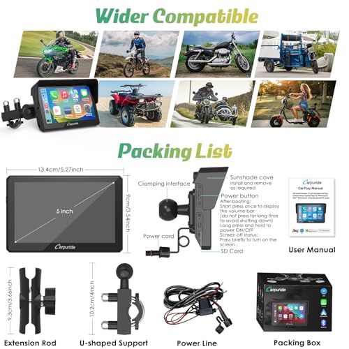 Carpuride W702 for Motorcycle, 7 inch Waterproof Touchscreen, Portable Carplay/Android Auto GPS Navigation for Motorbike, Support Dual Bluetooth, Car GPS, Siri, G00gle Assistant, TF-64G