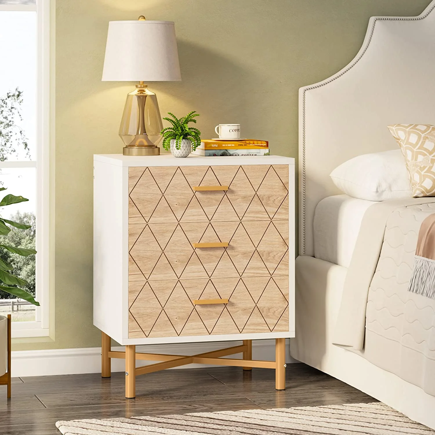 Tribesigns 3-Drawer Nightstand Set of 2, Mid Century Modern Night Stand with Storage, Large Bed Side Table for Bedroom,