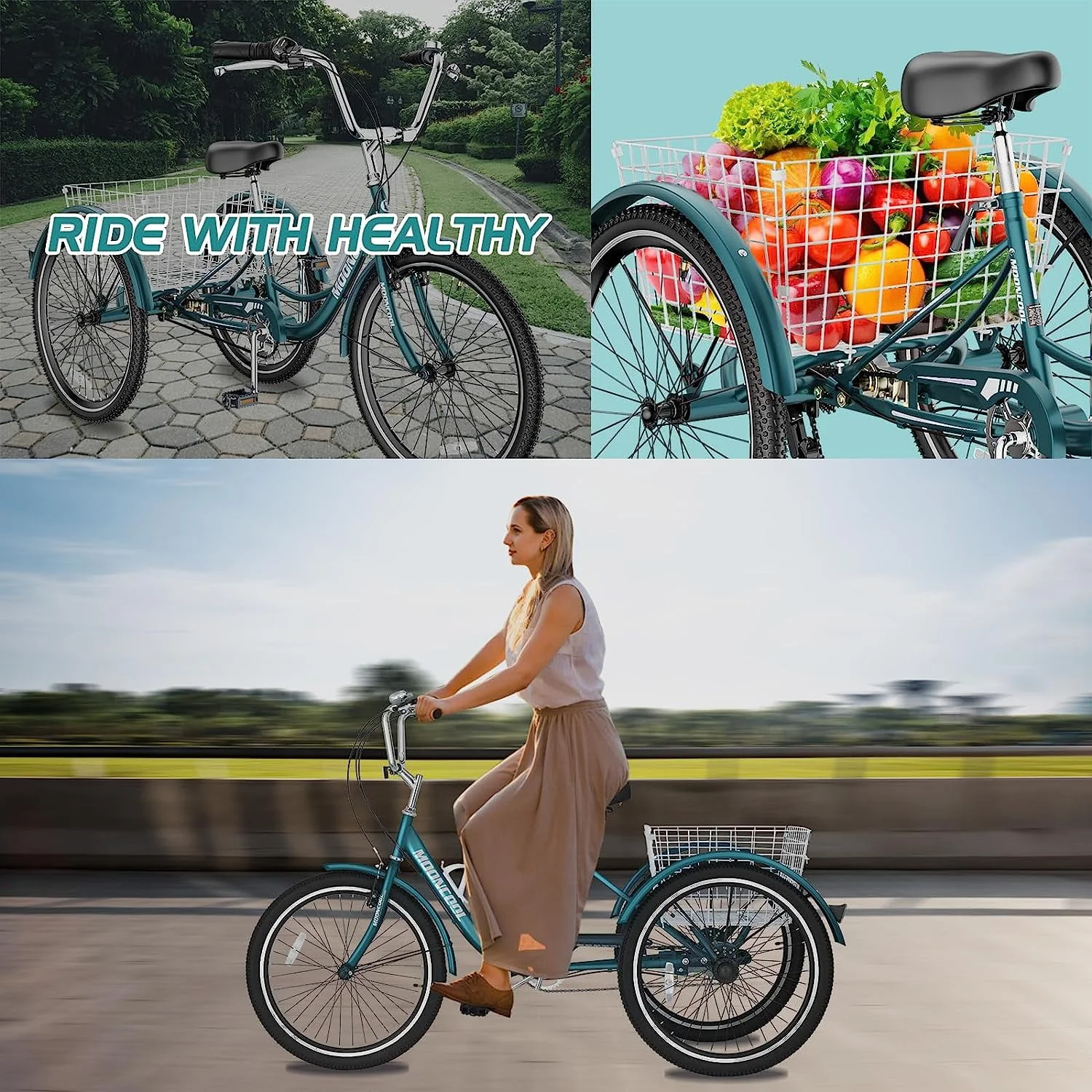 MOONCOOL Adult Tricycles, Single Speed Three Wheel Bike for Adults, 24 inches Adult Trikes for Men, Women, Seniors with Low Step Through