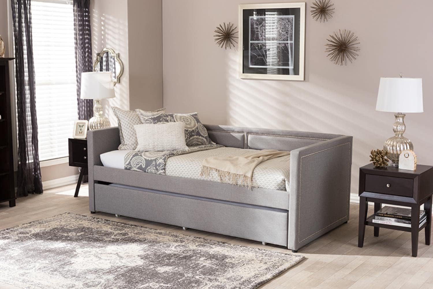 Baxton Studio Raymond Modern and Contemporary Grey Fabric Nail Heads Trimmed Sofa Twin Daybed with Roll-Out Trundle Guest Bed