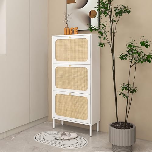 Natural Rattan Cabinet, Narrow Shoe Storage Cabinet with 3 Flip Drawers Hidden, Freestanding Entryway Storage Unit Console Table for Entryway Slim, Hallway,Natural