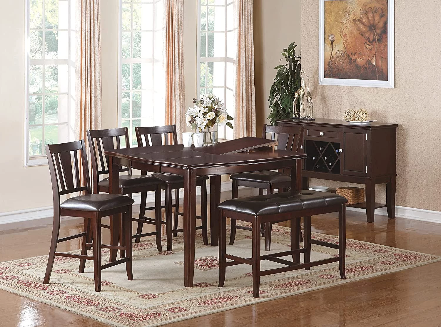 Perfect Contemporary Counter Height Dining 6pc Set Table w Butterfly Leaf 4X Chairs A Bench Brown Finish Rubberwood Chairs Cushions Kitchen Dining Room Furniture
