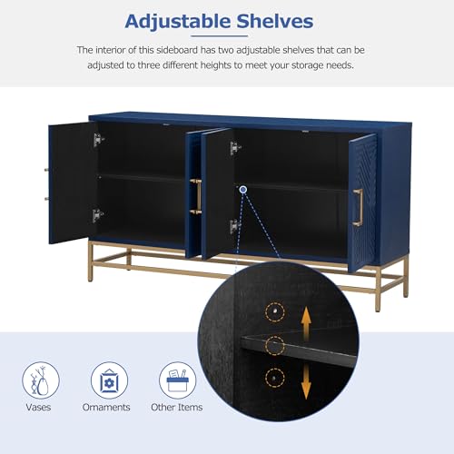 59.8" Retro Style Accent Storage Cabinet with 4 Doors and Rectangular Metal Handles and Legs, Wooden Buffet Sideboard Adjustable Shelves for Kitchen, Living Room and Dining Room (Navy)