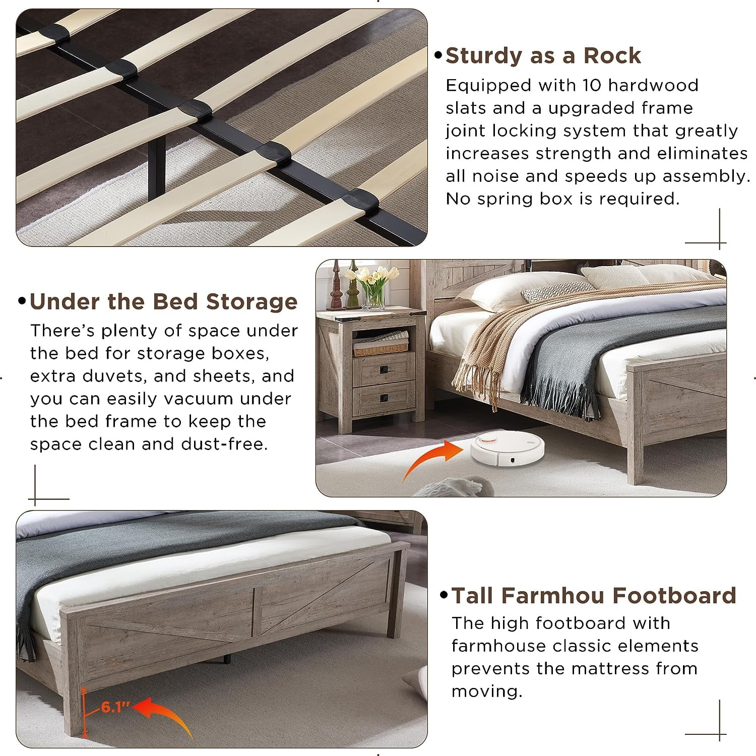 OKD Modern Farmhouse Full Platform Bed with Bookcase Headboard Storage and Charging Station, No Box Spring Needed, Anitique White Finish