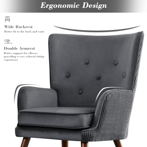 Wingback Velvet Accent Chairs, Mid Century Modern Arm Chair Tufted Button Armchair, Comfy Upholstered Club Lounge Sofa Reading Chair with Solid Wood Legs for Living Room, Bedroom, Blue