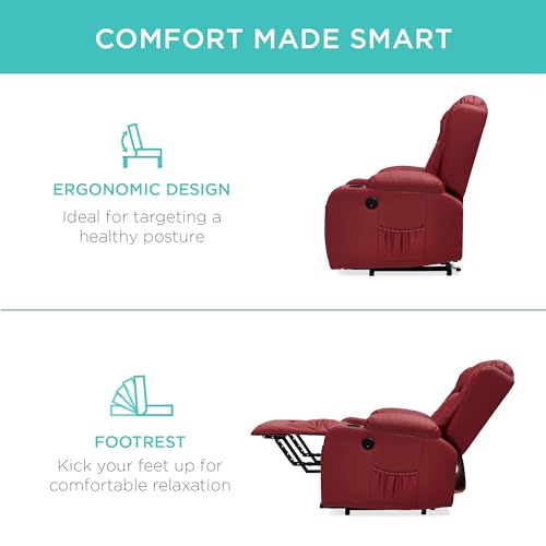 Best Choice Products PU Leather Electric Power Lift Chair, Recliner Massage Chair, Adjustable Furniture for Back, Legs w/ 3 Positions, USB Port, Heat, Cupholders, Easy-to-Reach Side Button - Brown