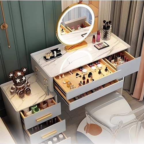 Acrylic Makeup Vanity - Solid Wood Vanity Desk with Smart LED Lights Mirror & Acrylic Chair, Luxury Bedroom Vanity Table Include 6 Drawers and Tempered Glass Desktop (White,31.5'')
