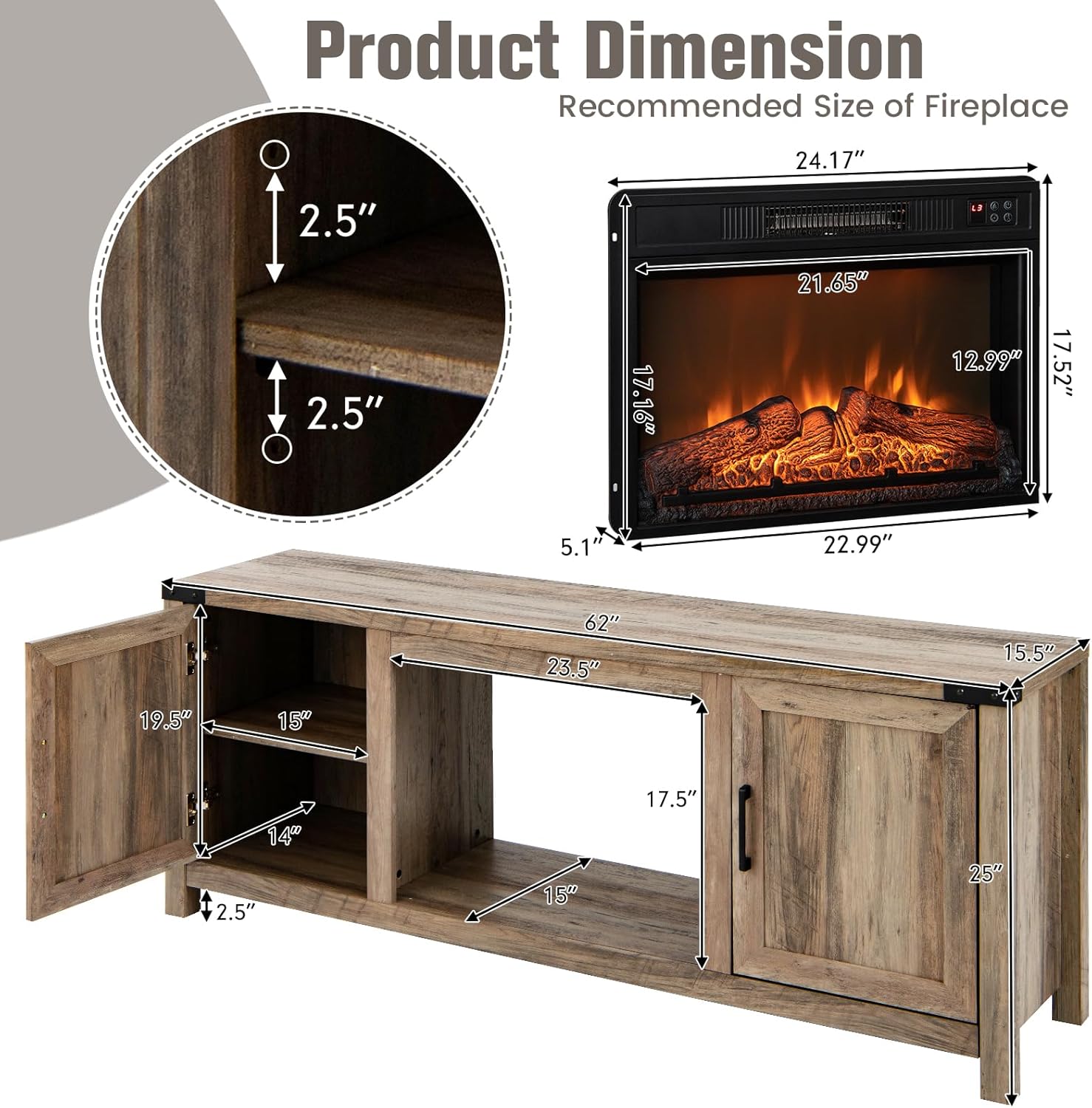 COSTWAY Electric Fireplace TV Stand for TVs up to 70 Inches, Farmhouse Media Entertainment Center Table with Storage Cabinets, Electric Fireplace TV Console with Remote Control for Living Room Bedroom