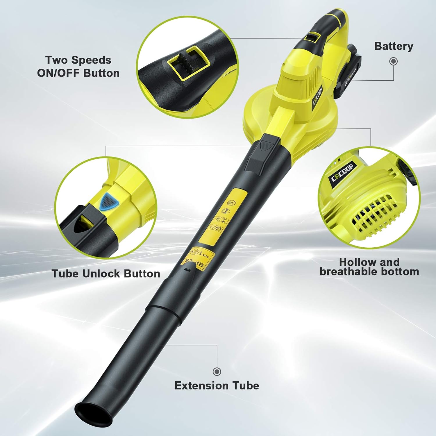 CACOOP Cordless Leaf Blower w/ Battery,2 Speed Variable,Extendable Battery Powered Patio Air Blower Lightweight Portable for Garden Patio Grass Clean(20V MAX)