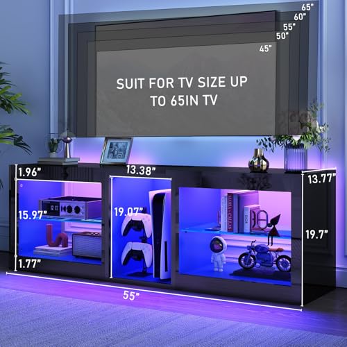 LED TV Stands W/Power Outlet for 50 55 60 65Inch TV,Black Entertainment Center W/70000-Colors Lights,High Gloss LED TV Console w/Adjustable Glass Shelves for Living Room Gameroom