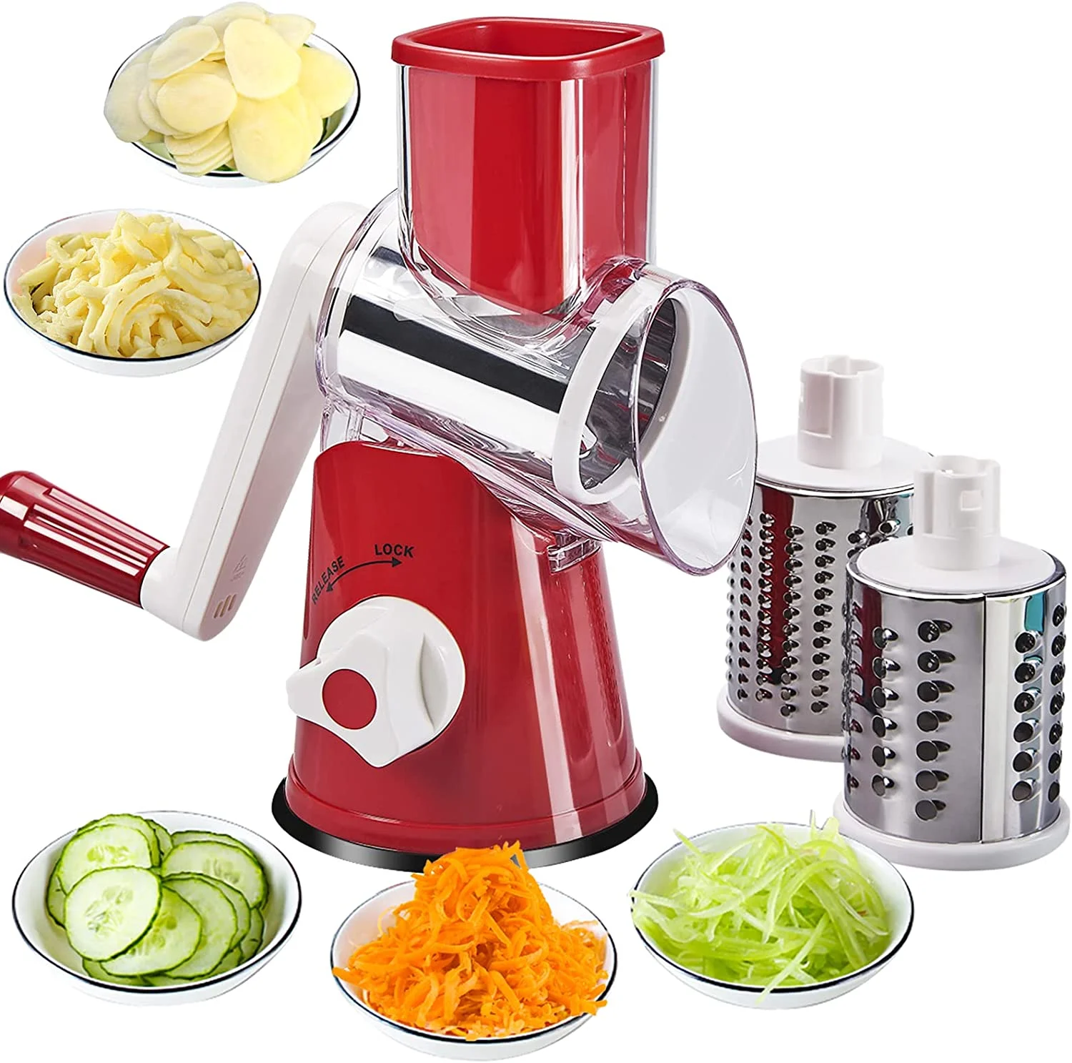 Rotary Cheese Grater with Handle - Manual Vegetable Shredder with 3 Stainless Steel Drum Blades, Round Mandoline Slicer Nuts Grinder with Strong Suction Base, BPA Free Dishwasher Safe (Red) - Curated Treasures Market