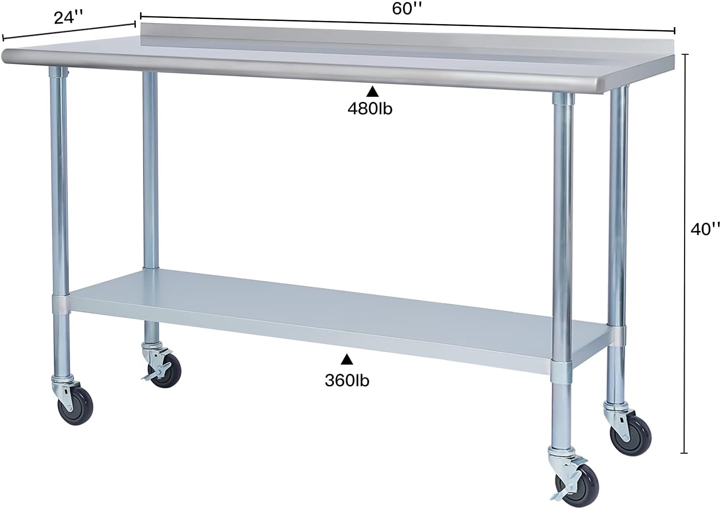 EASE-WAY Stainless Steel Metal Table NSF for Commercial Kitchen Prep & Work, 24 x 60 Inches Worktable with Backsplash, Adjustable Shelf and Caster Wheel, for Industrial Restaurant, Home and Garage