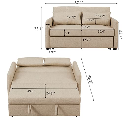 Aoowow Convertible Sleeper Sofa Bed 57 Inches, Velvet 2 Seats Sofa with Pull Out Bed,Loveseat Sofa Couch with Adjustable Backrest, 2 Pillows Side Pocket for Living Room Small Apartment (Light Brown)