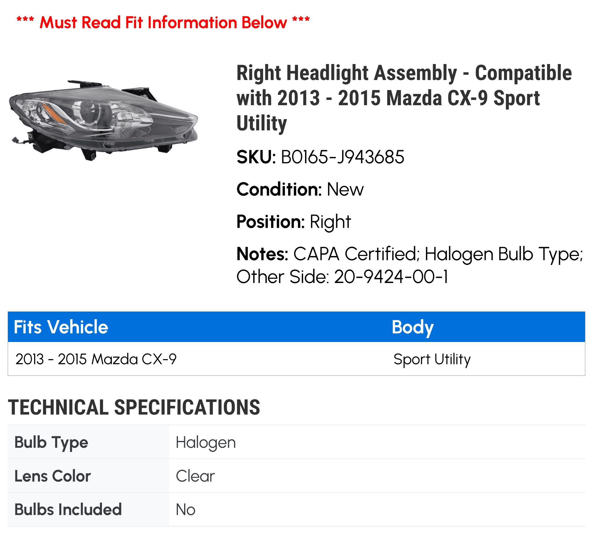 Right Headlight Assembly - Compatible with 2013 - 2015 Mazda CX-9 Sport Utility 2014