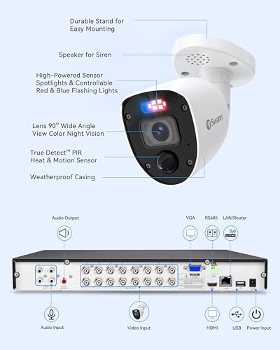 Swann 4K Ultra HD Security Camera System,16 Channel DVR with 2TB HDD, 12 Indoor/Outdoor Wired Cameras, 24/7 Home Surveillance, Color Night Vision, IP66, PIR Thermal, Flashing LEDs & Sirens,16558012RL