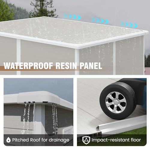Outdoor Storage Shed, 6x6 FT Resin Shed with Floor and Lockable Door, Window, Vents, Tool Sheds and Outdoor Storage for Bike, Garden Accessories, Tools, Waterproof (Grey & White)