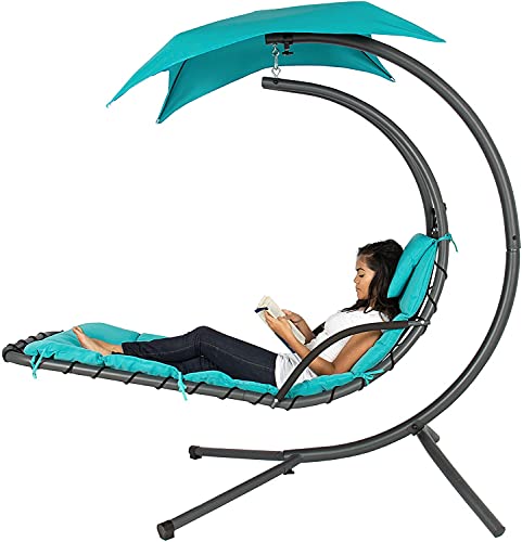 Outdoor Hanging Curved Steel Chaise Lounge Chair Swing w/Built-in Pillow and Removable Canopy, Teal (Navy Blue)