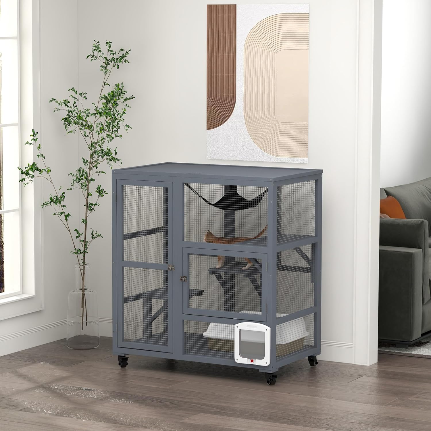 Catio Outdoor Cat Enclosure with Roof Cat House Height 37" Large Wooden Cat Cage with 4 Jumping Platforms for Cat Activity,Grey