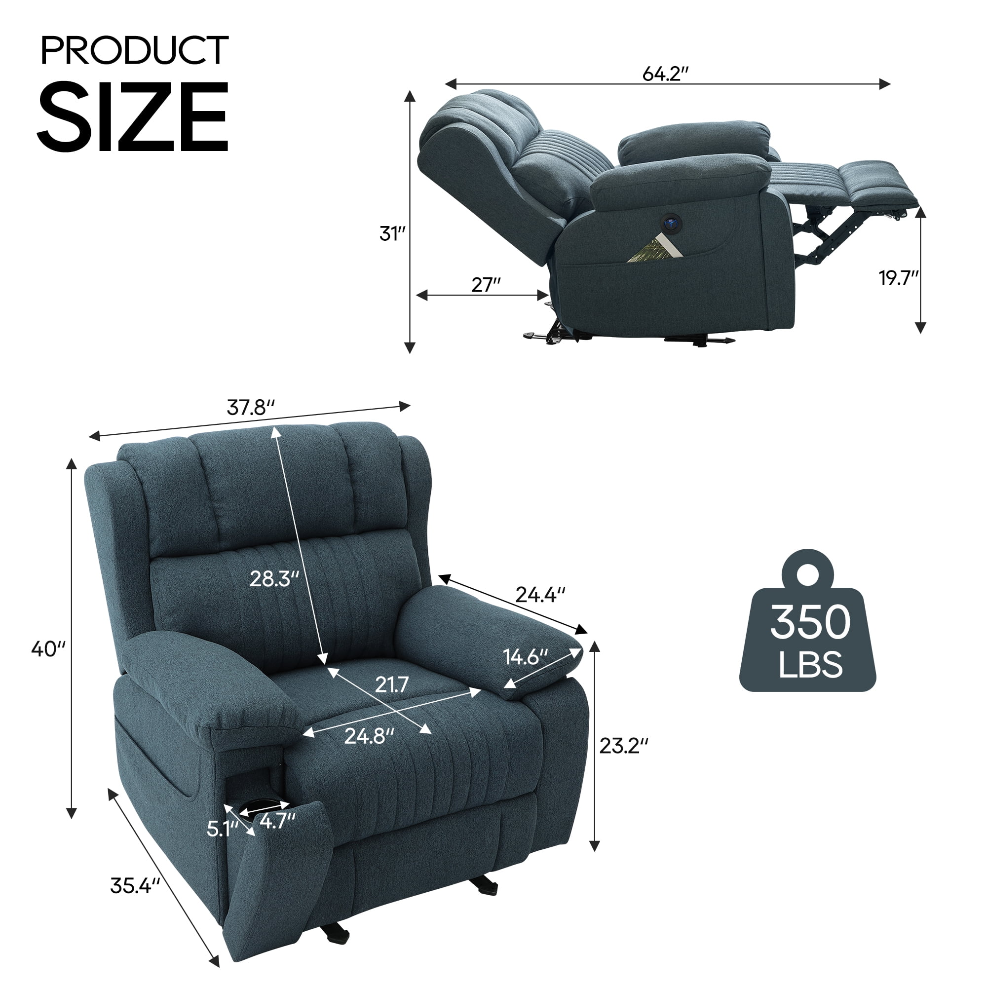 LVUYOYO Electric Power Recliner Chair, Reclining Chair with Heat and Massage, Position Recliner up to 350 Lbs,2 Cup Holders, USB Ports, 2 Side Pockets,Blue