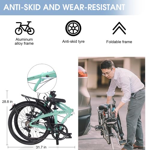 24" Folding City Bike Aluminum Frame 7 Speed Folding Bike,Lightweight Folding Bike，Folding Commuter Bike for Adults, Men, Student，Bike with Rear Rack，Adjustable Stem