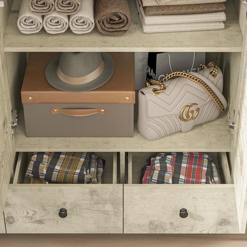 ECACAD Large Wardrobe Armoire with Multi-Tier Shelves, 3 Drawers, Hanging Rod & 3 Louver Doors, Wooden Closet Storage Cabinet for Bedroom, Light Brown (44.3”W x 19”D x 70.9”H)