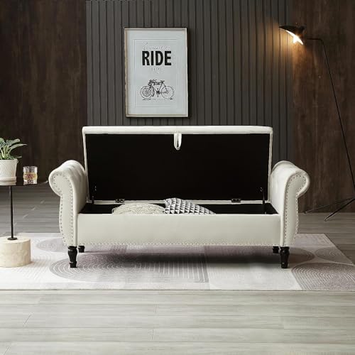 63" Button Tufted Velvet Upholstered Bench & Ottoman W/Storage for Bedroom End of Bed Home Entryway Living Space, Soft Padded Footstool w/Nailhead Decor and Pillow, Grey V