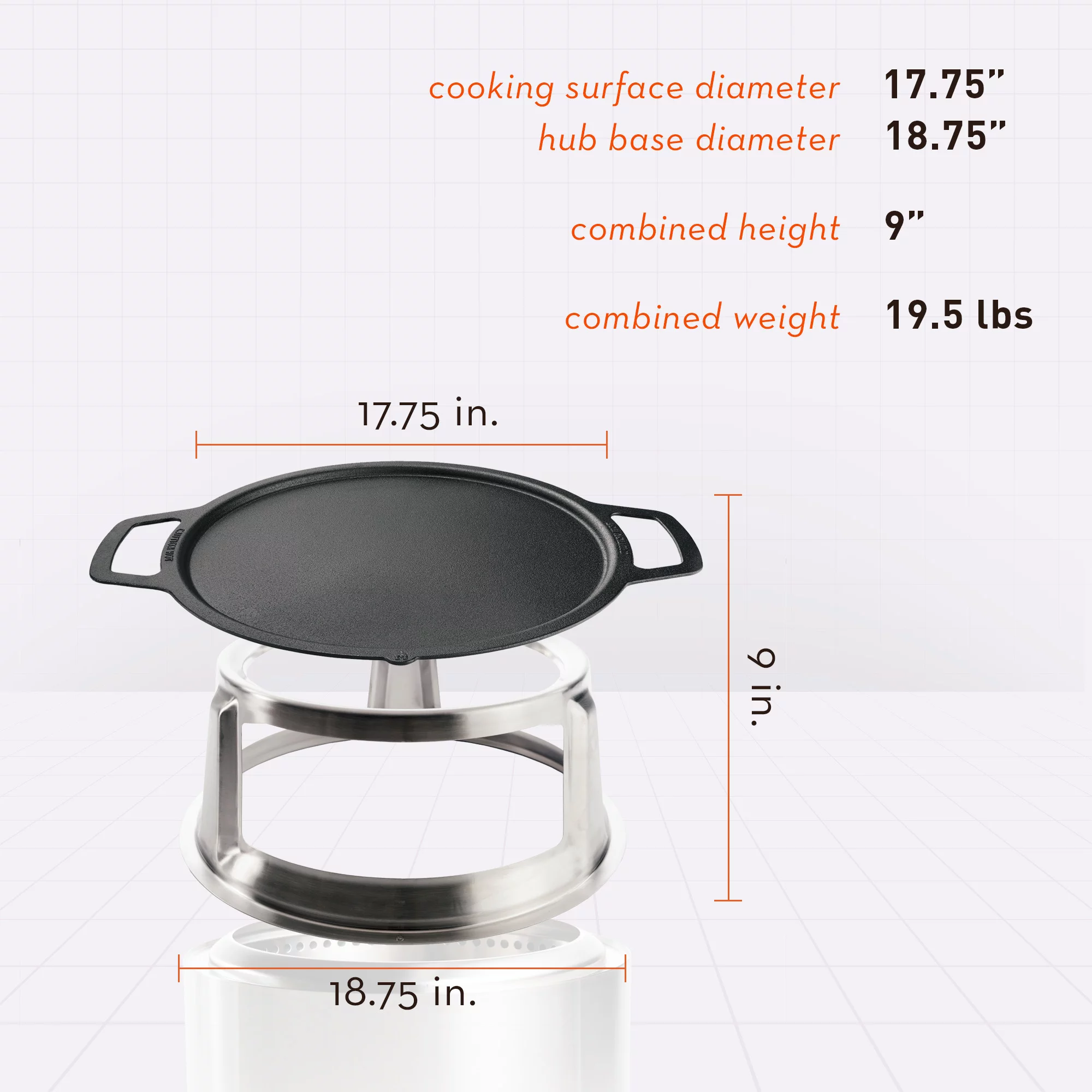 Solo Stove Bonfire Griddle + Hub, Cast Iron Cookware with Stainless steel Hub for 8” Elevation, Addition to Bonfire fire pit, Weight: 19.5lbs , Cooking surface diameter 17.75"