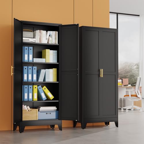 75.2" Tall Metal Pantry Cabinet, Storage Cabinets with 4 Door and 4 Adjustable Shelves, Black Kitchen Pantry Storage Cabinet, Freestanding Cupboard for Kitchen Dining Room Living Room Bathroom