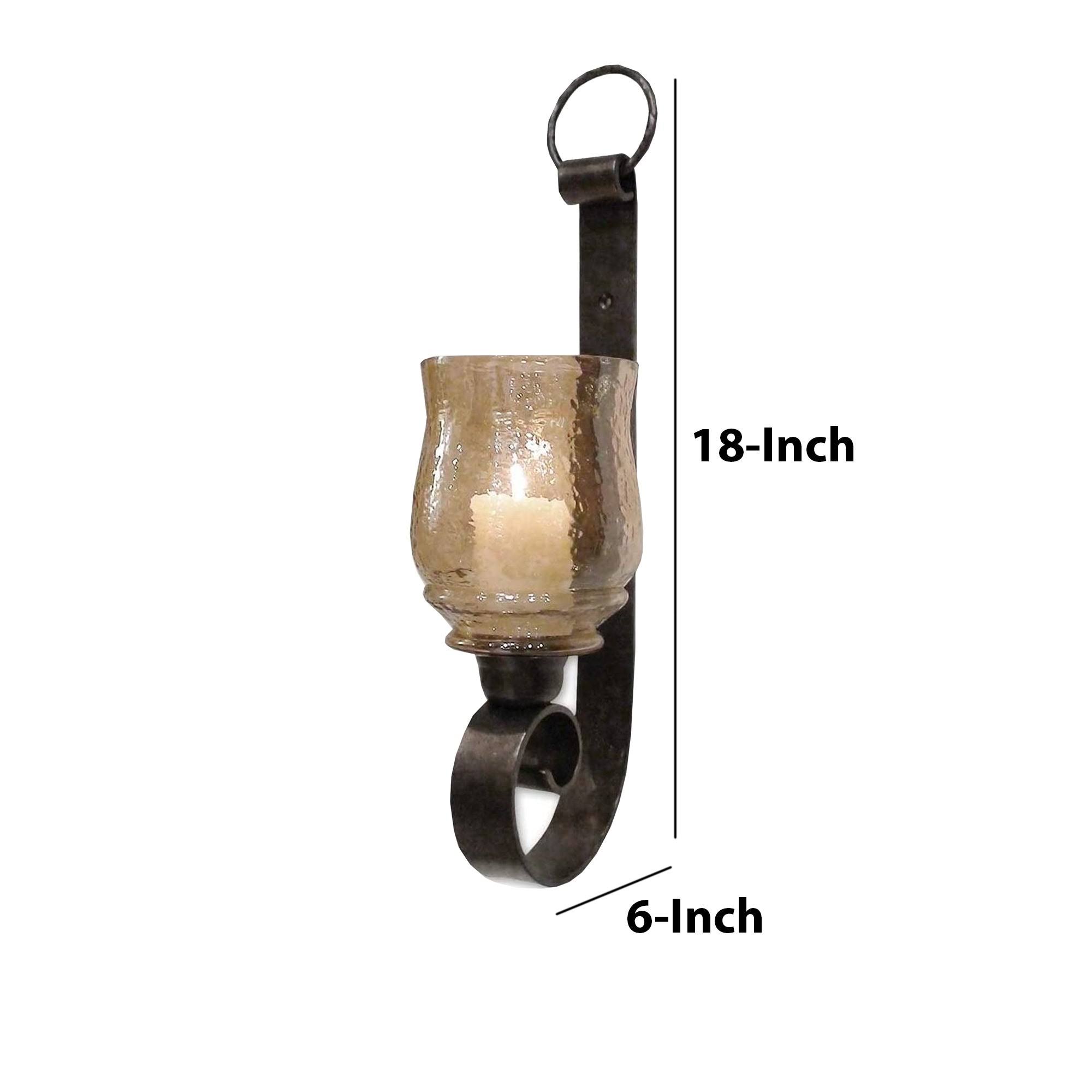 Benjara Scroll Design Metal Frame Vertical Wall Mounted Candle Holder Sconce, Set of 2, Bronze