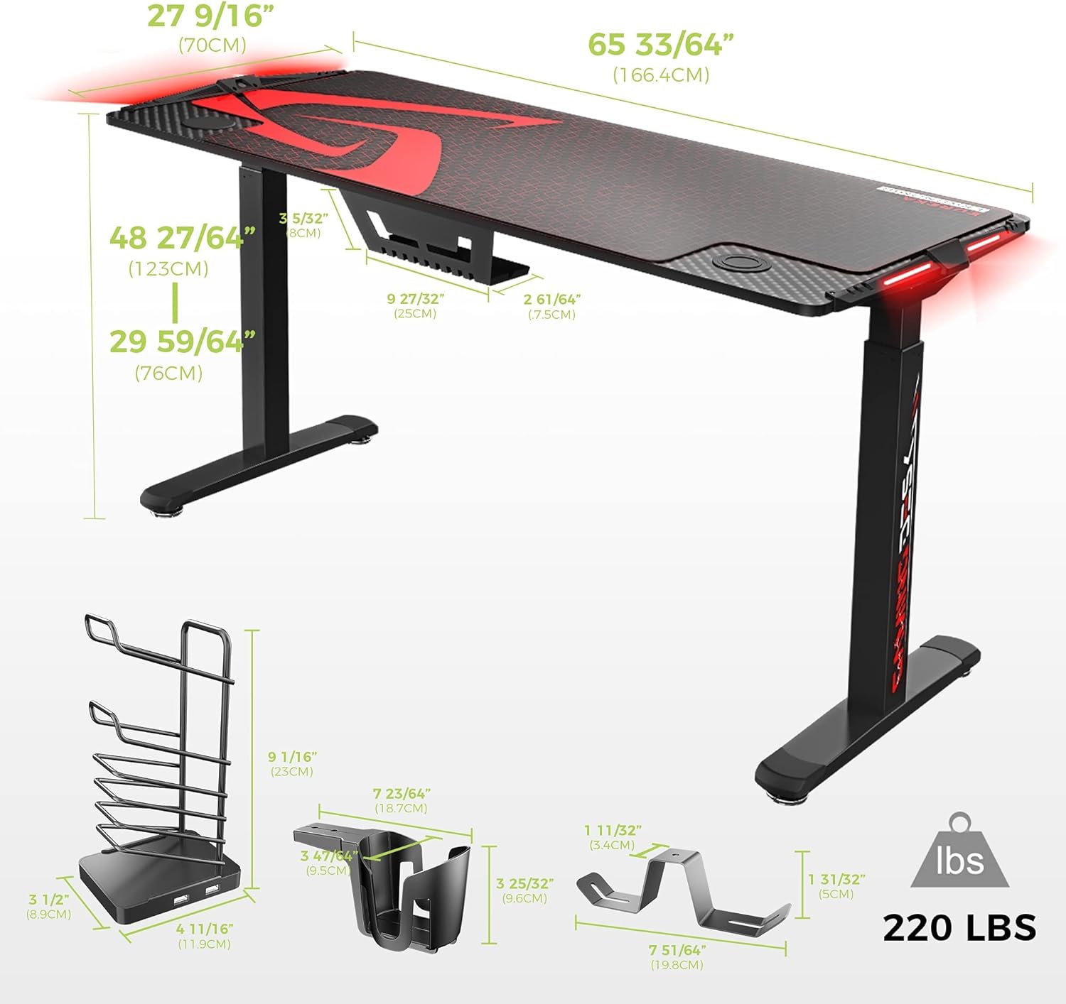 EUREKA ERGONOMIC 65 inch Electric Height Adjustable Standing Desk,Large Gaming Computer Desk with RGB LED Lights,Free Large Extended Gaming Desk mat for Gaming and Home Office,Black