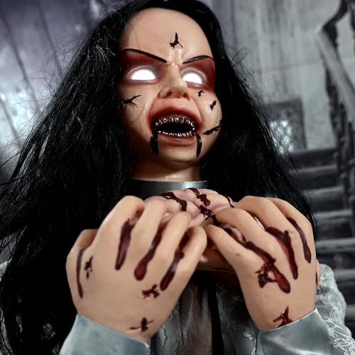 Haunted Hill Farm Life-Size 2.9-Ft Animatronic Gravely Granny by Tekky Halloween Decoration with Motion-Activated Sounds