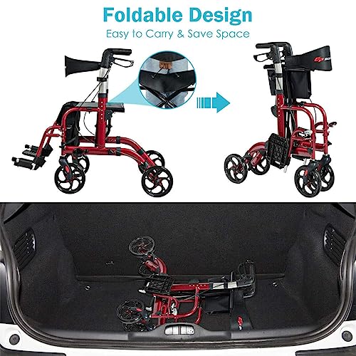 GOPLUS 2 in 1 Rollator Walkers for Seniors, Folding Rollator Walker with Seat, 8-inch Wheel Medical Drive Walker Wheelchair Combo with Backrest, Adjustable Handle for Adults, Aluminium Frame