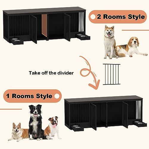 Furniture Style Large Dog Crate for 2 Dogs, 86.6" Heavy Duty Wooden Dog Kennel with Dog Bowl Drawers & Divider, Indoor Furniture Style Dog Kennel for Large Medium Dogs, Black