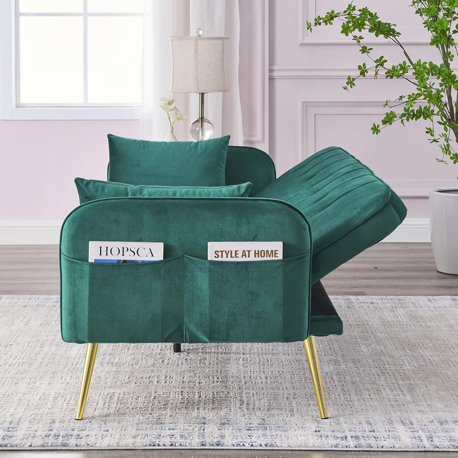 Convertible Futon Sofa Bed, 72.5" Velvet Reversible Couch with Adjustable Backrest, Two Pillows & Side Storage Pockets, Folding Sleeper Recliner Daybed for Living Room Furniture, Green