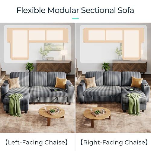 LINSY HOME Sectional Sleeper Sofa with Pull Out Couch Bed Convertible Plush Corduroy Cloud Couch with Storage Chaise & USB Charging, Comfy L Shaped Modular Couches for Living Room Apartment (Grey)