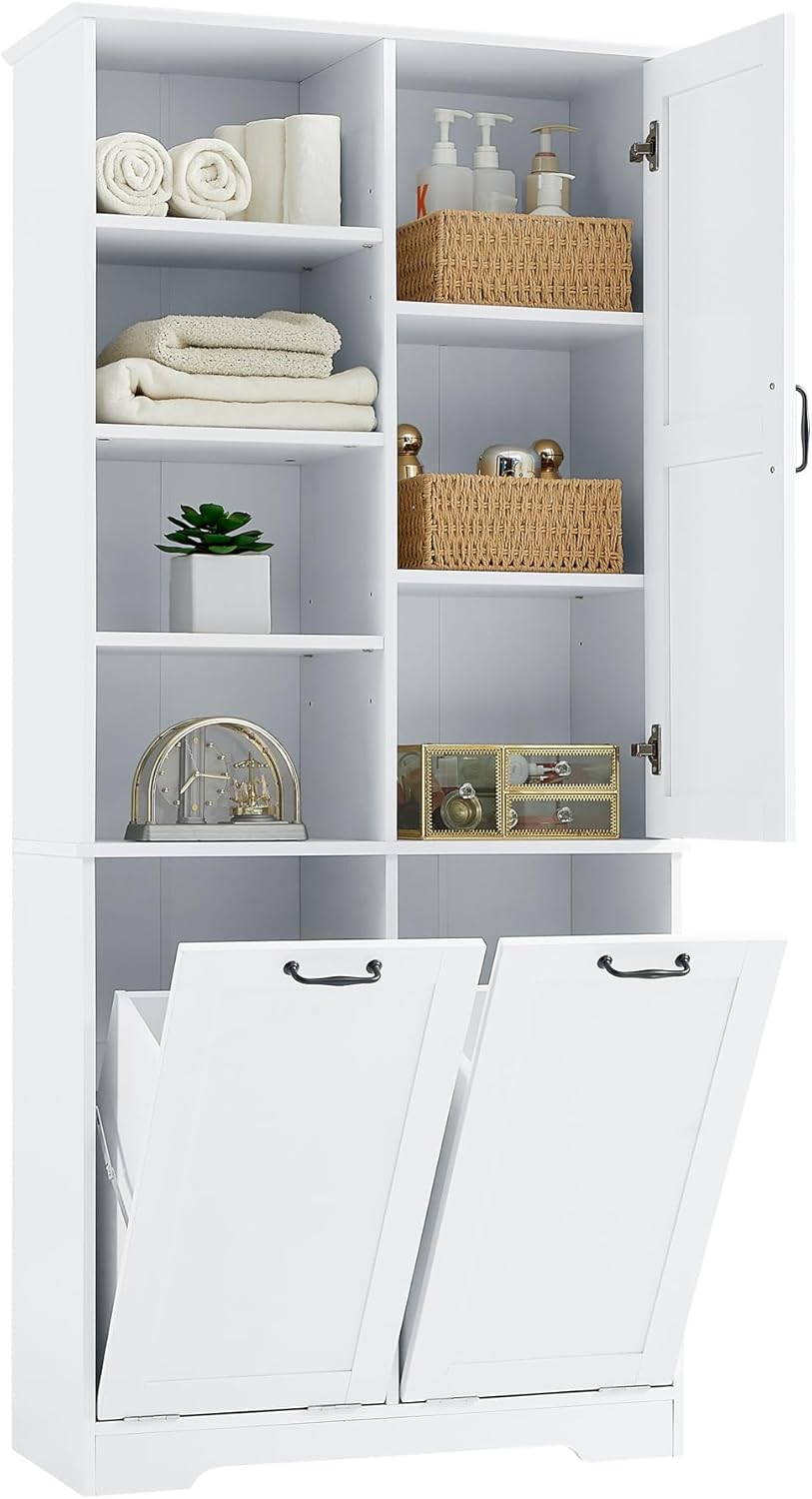 Merax Bathroom Storage Cabinet with Laundry Hamper, Open Shelf, Tall Freestanding Organizer for Home, White