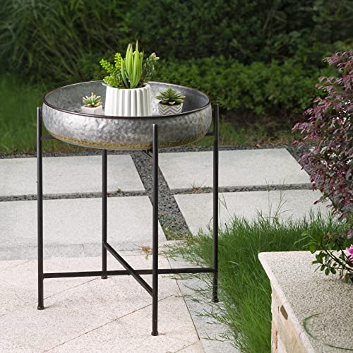 glitzhome Set of 2 Metal End Table with Removable Tray,Galvanized Side End Table Round and Waterproof Outdoor or Indoor Tray for Living Room Bedroom Balcony and Office