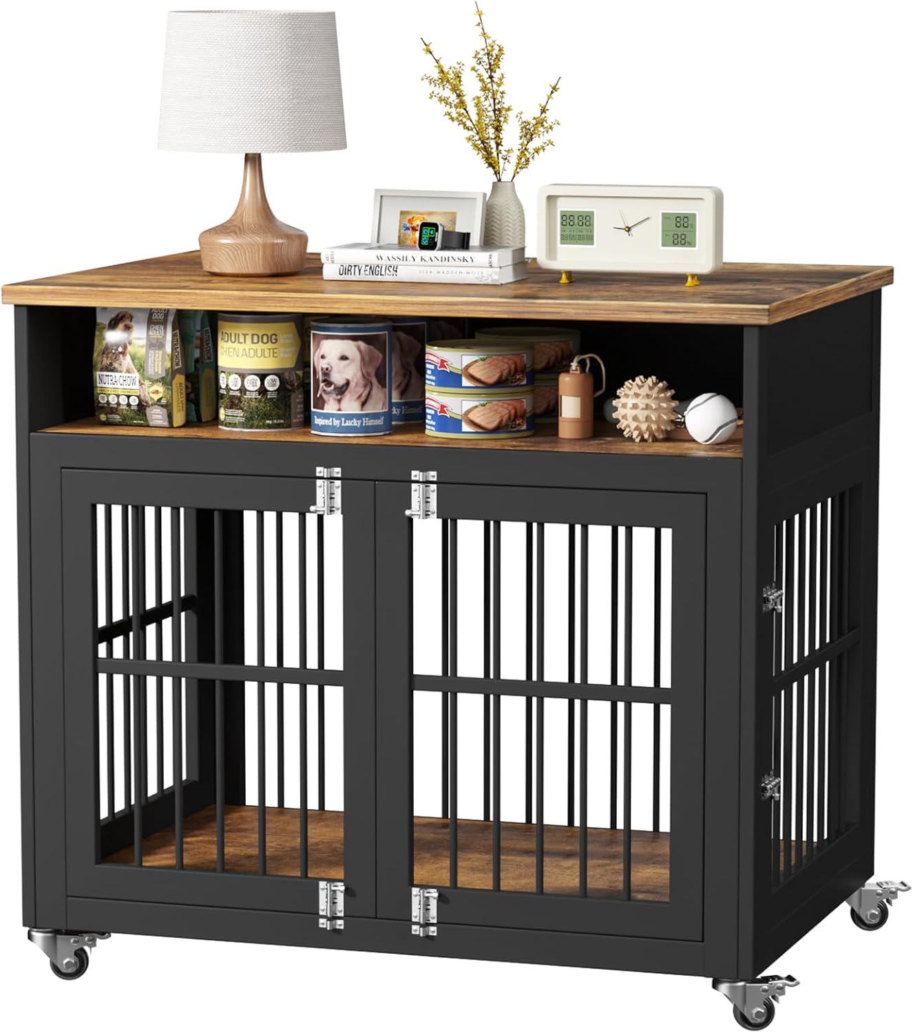 Dog Crate Furniture,39" Dog Kennel Indoor with Wheels, Heavy Duty Wooden Dog Crate for Medium/Large Dogs,Dog Cage with Storage Dog House Side End Table, Brown