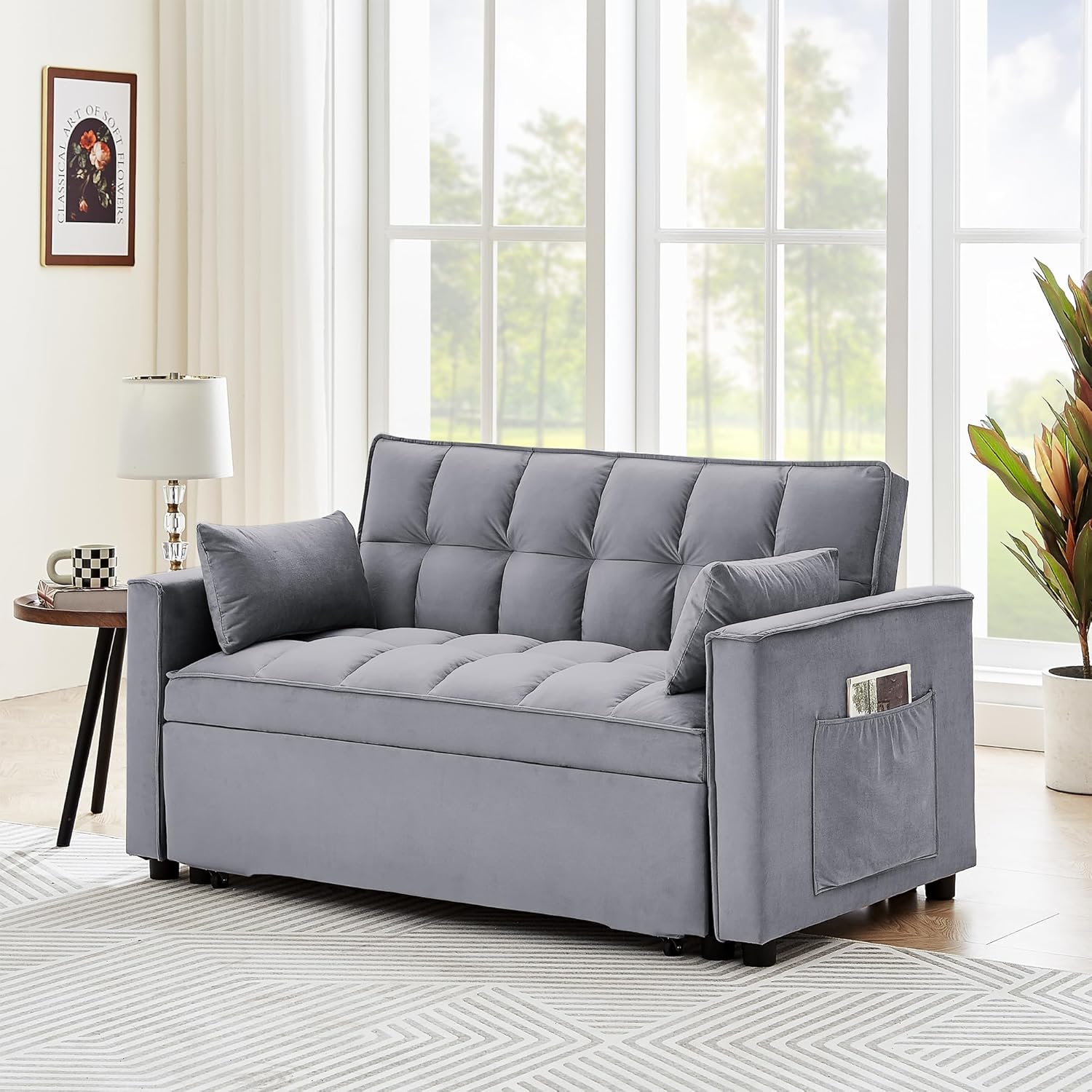 3 in 1 Tufted Convertible Sleeper Sofa Bed, Modern Velvet Futon Loveseat Couch w/Pullout Bed, Small Love Seat Lounge Daybed w/Reclining Backrest, Toss Pillows, Pockets for Living Room Small Places RV