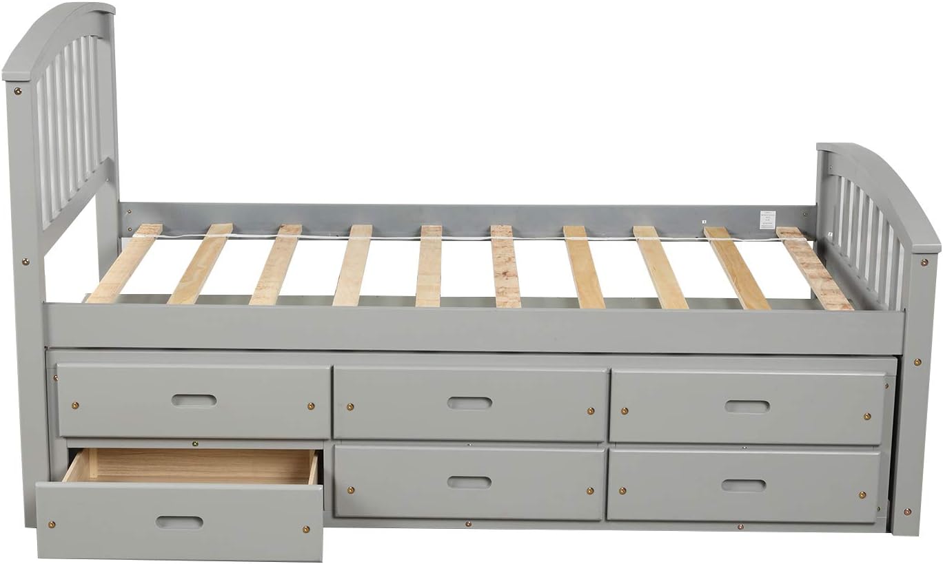 Twin Size Platform Storage Bed Solid Wood Bed with 6 Drawers, Gray