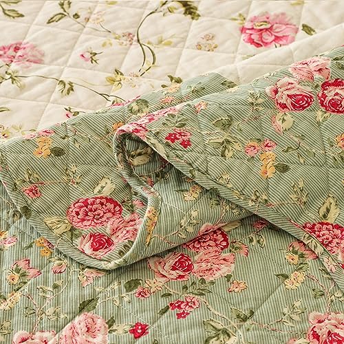 Brandream Pink Rose Floral Patchwork Quilts Cotton Queen Size Quilted Comforter Set Rustic Country Coverlet Bedspread Set 3-Piece