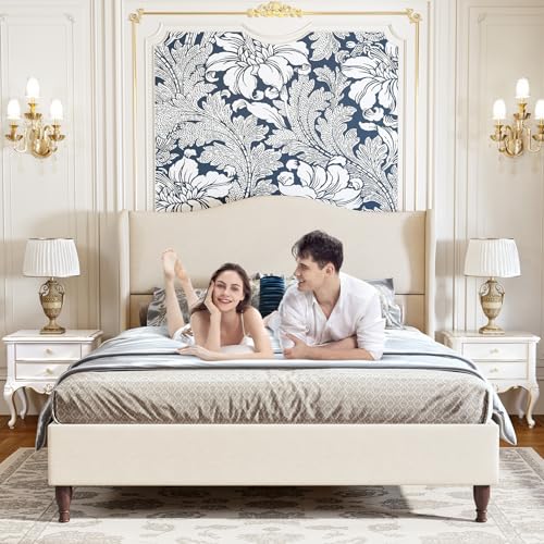 King Size Bed Frame Upholstered Platform Bed with 51" Tall Headboard Wingback, Linen Fabric, Retro Simple Style Platform Bed No Box Spring Needed, Easy Assembly, Beige