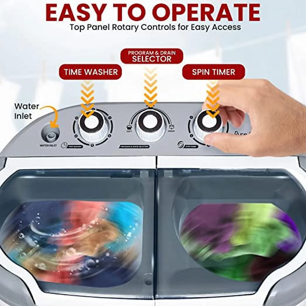 Pure Clean Compact Home Washer & Dryer, 2 in-1 Portable Mini Washing Machine.