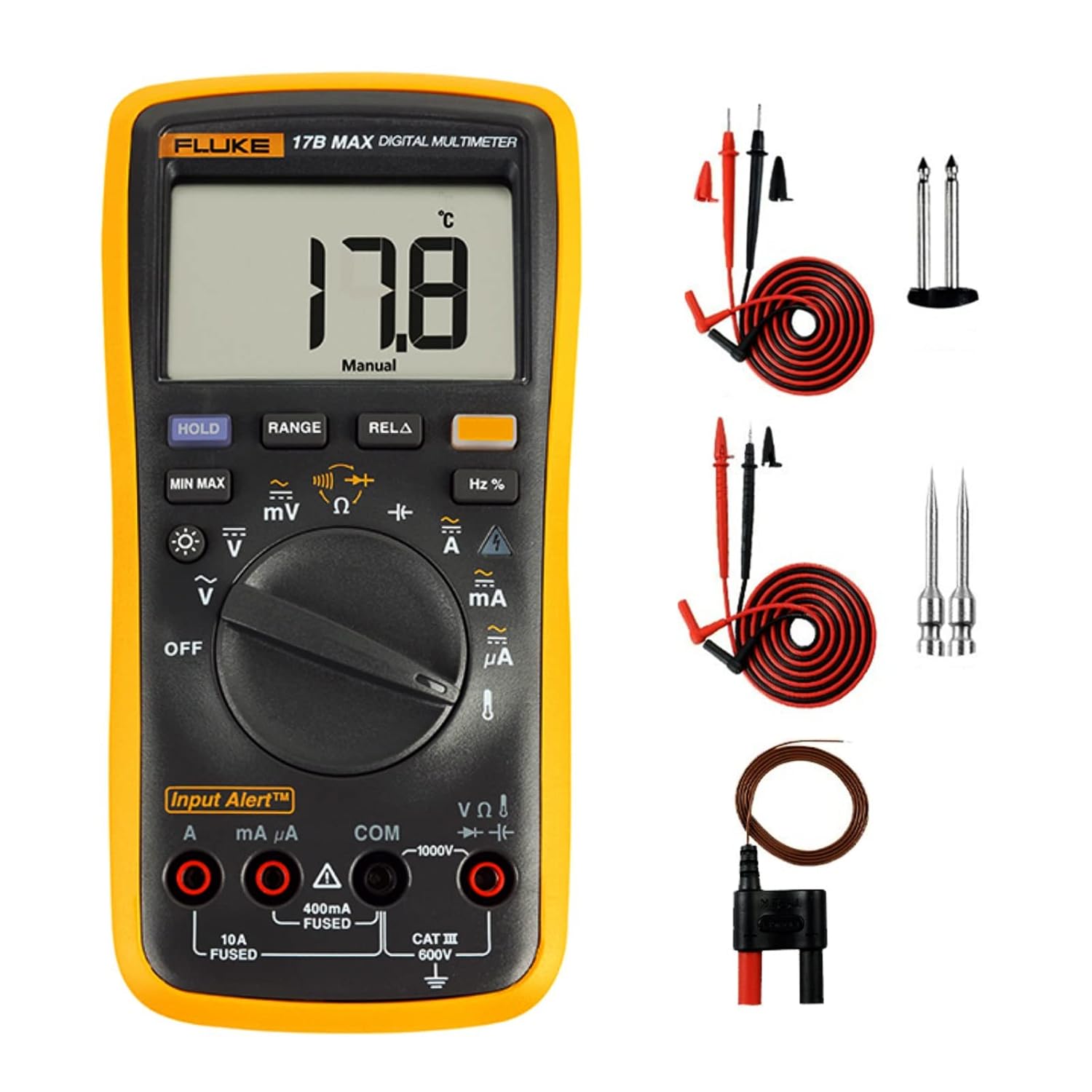 Fluke 17B MAX Newest High Precision Auto/Manua 6000 Count Digital Multimeters 2000uF/Capacitance, Voltage, Frequency Temperature Probe Measures Meter with Portable Soft Bag