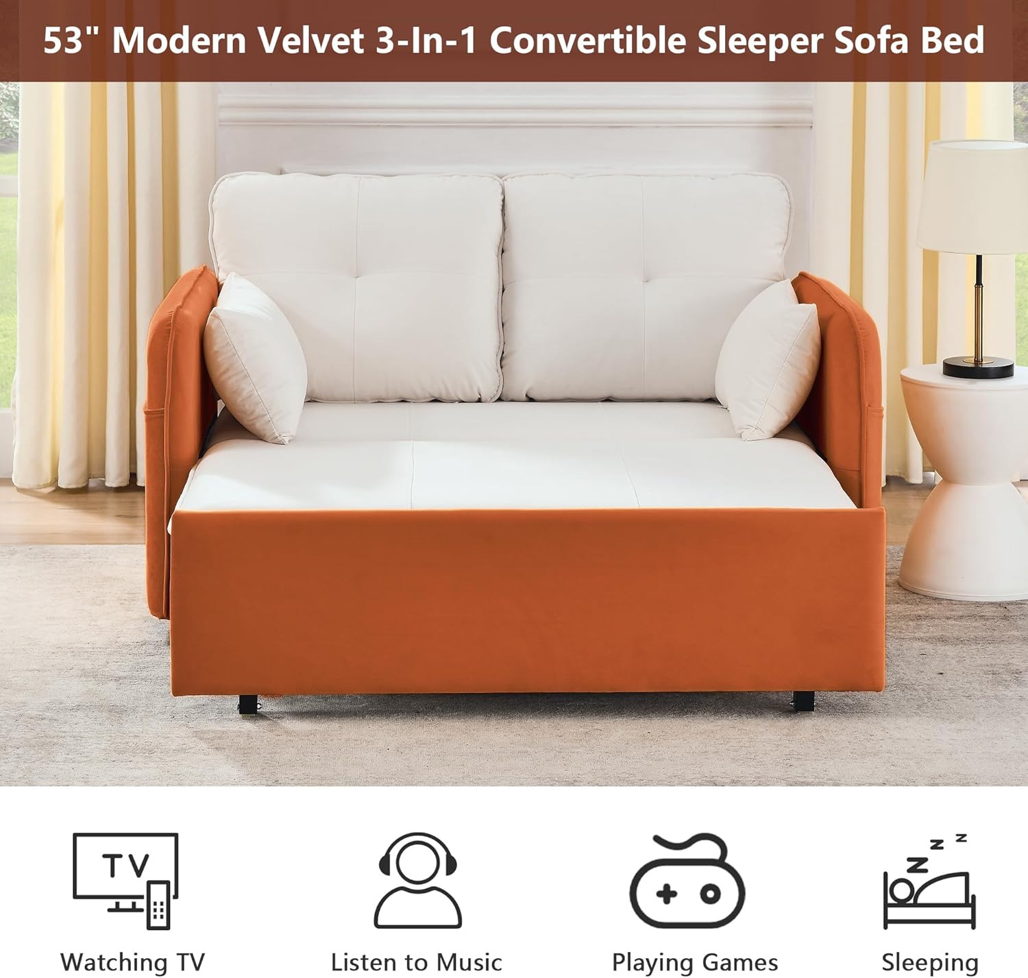 CALABASH 53" Loveseat Sleeper Sofa Bed, 3-in-1 Convertible Pull Out Bed, Velvet Sleeper Bed with USB Ports and Side Pockets, Small 2 Seater Sofa Bed for Apartment Small Spaces