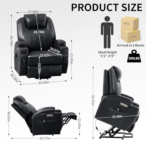 Power Lift Recliner Chair, PU Leather Recliner Massage Chair,Electric Power Recliner for Elderly with Heat,8 Vibrating nodes,3 Massage Modes,USB Type A Type C Ports, Cup Holders,Black