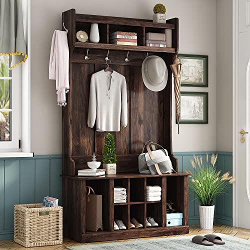 Hall Tree with Bench and Shoe Storage, Entryway Bench with Coat Rack and 6 Hooks，3 in 1 Design，Hall Shoe Storage,Storage Bench, Mud Room Storage Furniture for Entrance and Hallway,White