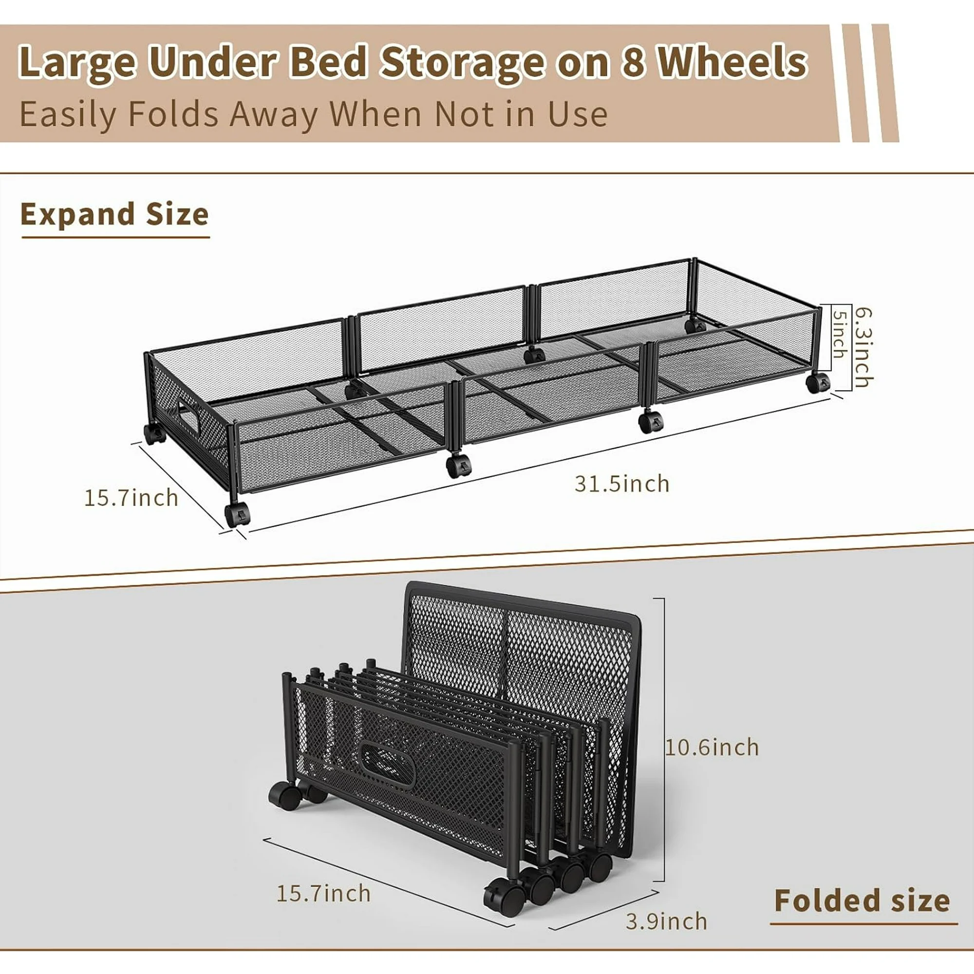 47.2'' Long Under Bed Storage on Wheels, 57.6L Large Capacity Rolling Under the Bed Storage Containers, Tool-Free Assembly Foldable Underbed Shoes Clothes Toy Drawers