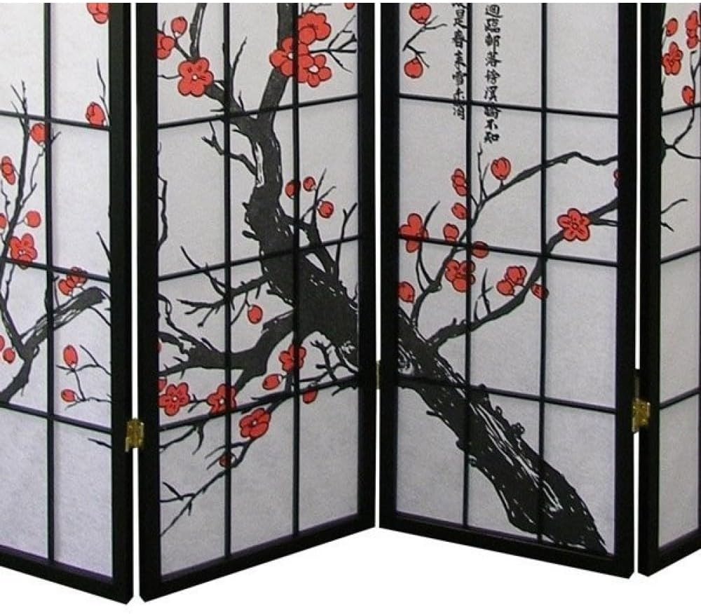 Japanese Style 4-Panel Screen Room Divider, Folding Shoji Screen Room Partition with Plum Blossom Design Portable Divider Freestanding Privacy Partition Screen for Rooms Office Indoor